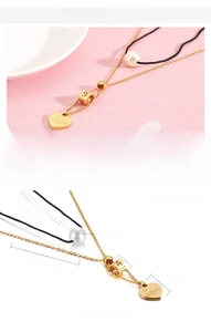 Detailed size chart of double-layer gold necklace with heart and pearl pendant charms