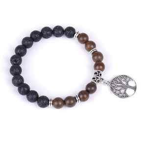 Tree of Life bracelet with lava stone and brown wooden beads on white background