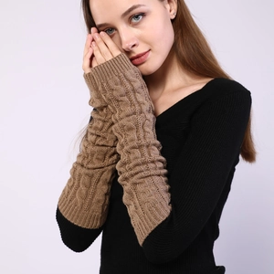 Brown cable-knit arm warmers in thick wool yarn for women winter accessories