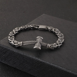 Vintage Byzantine stainless steel bracelet for men with Thor's hammer Mjolnir pendant
