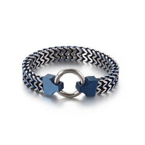 Dual-tone silver and blue woven stainless steel chain bracelet with spring ring clasp