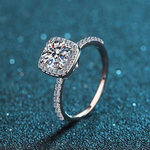925 Sterling Silver Moissanite Ring Cushion Halo Round Brilliant Cut Engagement Wedding Bridal Jewelry For Women