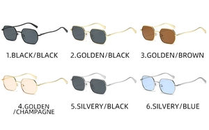 Detailed comparison of six polygon sunglasses in various frame and lens colors