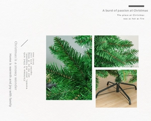 Detail view of realistic green PVC pine needles and stable black metal tree stand support