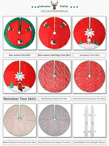 Collage of assorted Christmas tree skirts with festive reindeer and snowman patterns