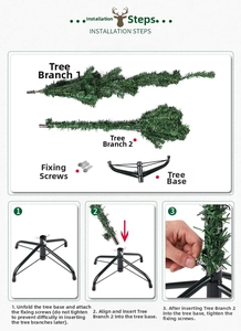 Detailed components of artificial Christmas tree including metal base and assembly guide
