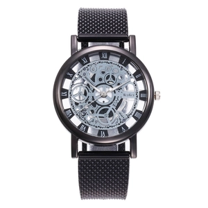 Fashionable black skeleton watch with Roman numerals and mesh steel strap for men
