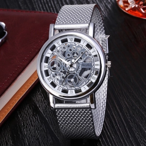 Detailed macro view of the silver skeleton dial and intricate gears on this quartz watch