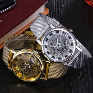 Fashion skeleton mechanical style quartz watch with roman numerals and metal mesh strap