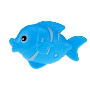 Close-up of a cute blue cartoon fish toy made of plastic for baby bath time fun