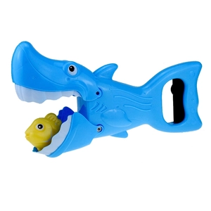 Blue shark grabber bath toy with small yellow fish accessory for water play fun