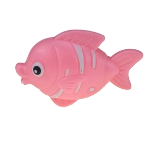 Detailed view of a pink fish bath toy for kids with white stripes and smooth texture