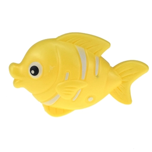 Detail showing the bright yellow fish toy with white stripes for children bathing time