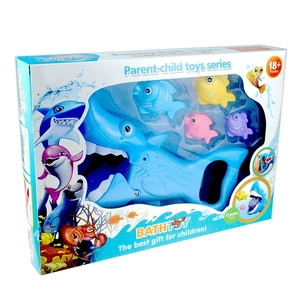 Shark grabber bath toy set for toddlers with four colorful fish in retail packaging