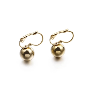 Minimalist golden round bead leverback earrings with a polished smooth metallic finish