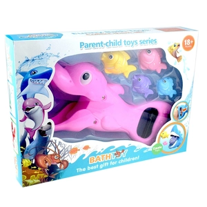 Bath toy set with pink shark grabber and small colorful fish in retail packaging
