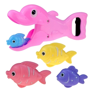 Pink dolphin grabber bath toy set with four colorful small fish for water play fun