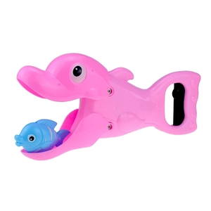 Pink dolphin gripper toy for kids showing the mechanism catching a small blue fish