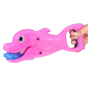 Pink dolphin grabber toy catching a small blue fish for bathtub fun and interactive play