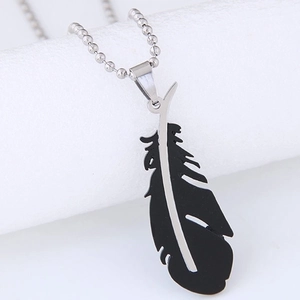 Unisex stainless steel necklace with black feather pendant on silver ball chain