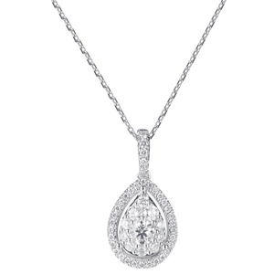 Détail du pendentif halo en forme de poire avec pierre ronde et bélière pavée sur chaîne argent