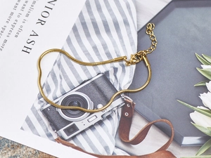 Detail of 18K gold-plated snake chain featuring an adjustable extender and lobster clasp