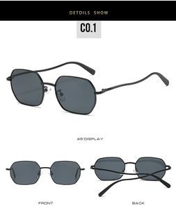 Detailed views of polygon metal sunglasses with unique wave-shaped temples and grey lenses