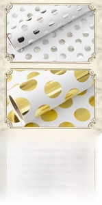 Guide for gold and silver foil polka dot gift wrap with size calculation formulas