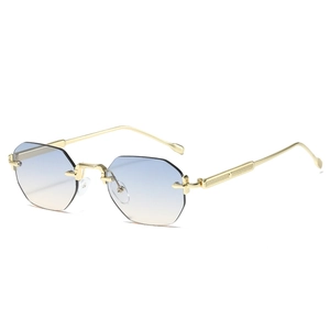 Retro rimless hexagonal sunglasses with gold metal frame and gradient lenses