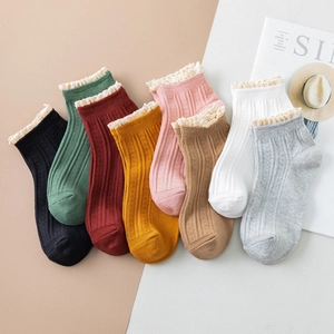 Women Cotton Lace Trim No Show Socks Japanese Style Ribbed Double Needle Low Cut Ankle Socks For Summer Spring Sweet Lady