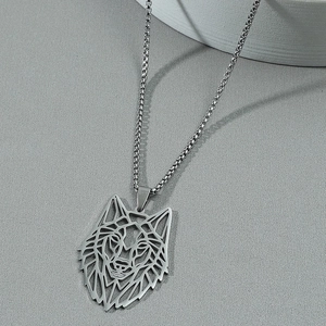 Men's stainless steel necklace featuring a hollow geometric wolf head punk pendant