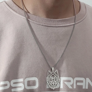 Men's hollow wolf head pendant necklace in silver stainless steel with box chain