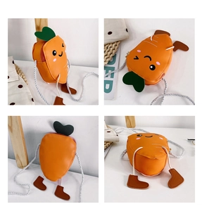 Detail views of mini carrot-shaped shoulder bag for kids in orange PU leather