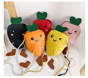 Five colorful mini carrot shoulder bags for kids in black, orange, red, yellow and pink