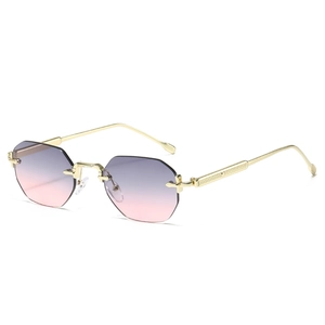 Octagonal rimless metal sunglasses with purple gradient lenses and gold frames