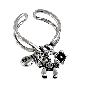 Silver open ring with lucky charms including money bag horse and flower charms
