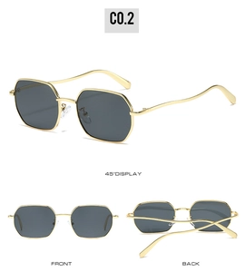 Three views of golden hexagonal metal sunglasses with grey lenses and wavy temples