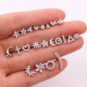 Silver crown and star stainless steel stud earrings set with white zircon stones