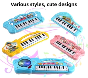 Detailed view of various colorful cartoon electronic organ toy models for early learning