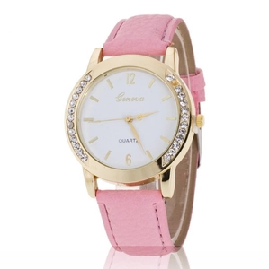 Mode Damen Quarzuhr Rundes Zifferblatt Legierungsgehäuse Strass Akzente Lederarmband Elegant Lässig Analog Zeitmesser