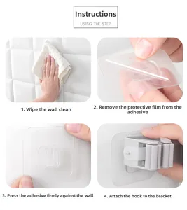 Detailed step-by-step installation guide for wall-mounted mop holder on white tiles