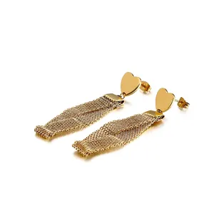 Heart Shaped Stainless Steel Dangle Earrings With Mesh Chain Tassel High Polished Fashion Jewelry For Women