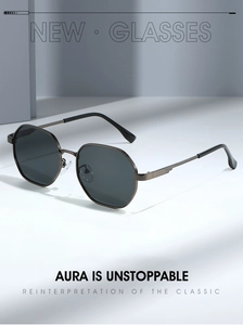 Detail view of square metal frame sunglasses with polygon lenses on a geometric background