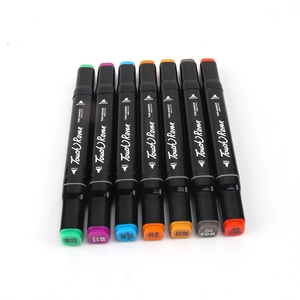 Detailed view of 7 color dual-tip markers showing Broad and Fine nibs by Touch Raven