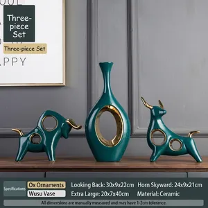 Three-piece set of dark green ceramic bull sculptures and elegant minimalist tall vase