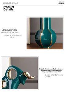 Detail of dark green ceramic bull decor and vase with gold accents and modern finish