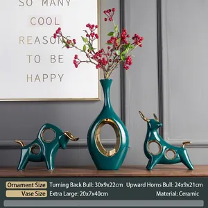 Nordic dark green ceramic bull sculptures and hollow vase set with gold accents