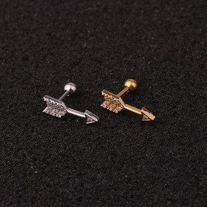 Arrow stud earrings in silver and gold with clear crystals for cartilage piercing