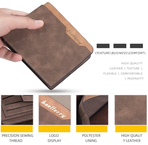 Detail view of brown matte leather wallet with Baellerry logo and precision stitching