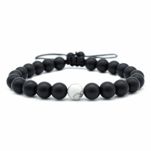 8mm black matte stone beads and white marble bead adjustable braided cord bracelet